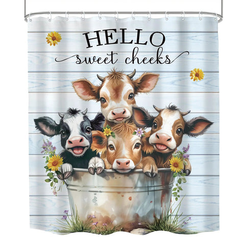 Funny Highland Cow Shower Curtain 60x72 Inches Farmhouse Floral Cute Cows Light Blue Plank Bucket Bath Time Vibes Decor Polyester With 12 Hooks Included Water Resistant Quick Dry depicting cows in a bucket.