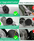 Comparison of Beefy Heavy Duty Metal Sheet Cutter Drill Attachment with traditional cutter showing serrated wheel and bearings.