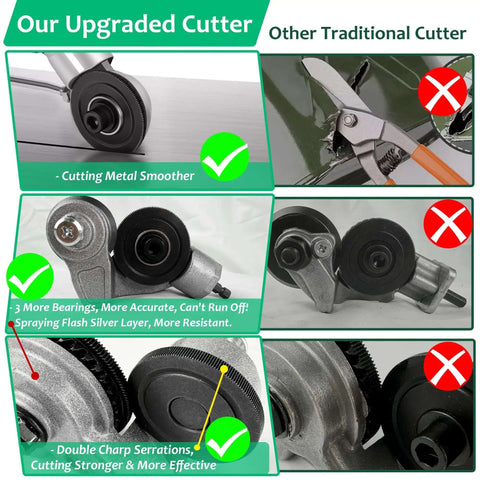 Comparison of Beefy Heavy Duty Metal Sheet Cutter Drill Attachment with traditional cutter showing serrated wheel and bearings.