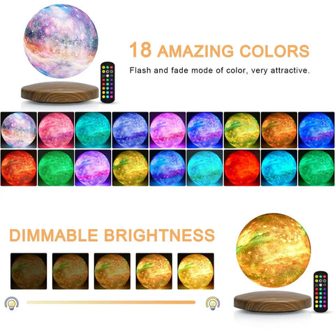 Levitating Galaxy Moon Lamp With 18 Color Modes Floating 3D Moon Light with remote on dark base showing color variations.