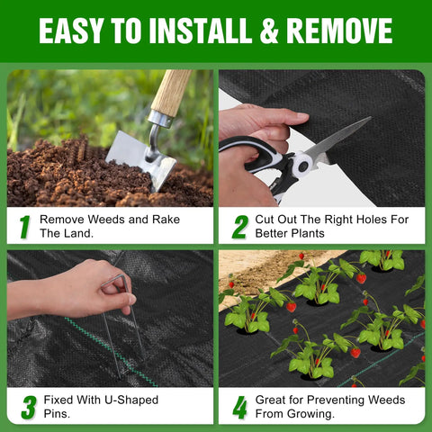 Step-by-step installation guide of Weed Barrier Landscape Fabric Heavy Duty 3.2oz Ground Cover Mat for garden beds and driveways.