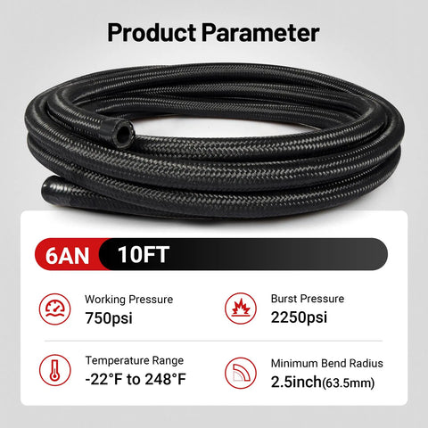 6AN Fuel Line Kit With AN6 Braided Nylon Stainless Steel Fuel Hose, 10 Feet Black, coiled with pressure and temperature details