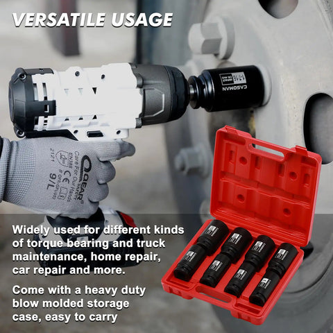 Mechanic using Eight Piece Deep Impact Socket Set With Three Quarter Inch Drive SAE for auto bolt work, open red storage case visible.