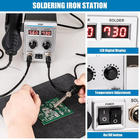 Person using 2 In 1 Soldering Station With SMD Hot Air Rework, LED Dual Digital Display, Heat Gun And Solder Iron Kit