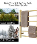 Gold Six Bar Wall Mounted Towel Warmer Rack With Timer showing towels in humid and cold weather settings