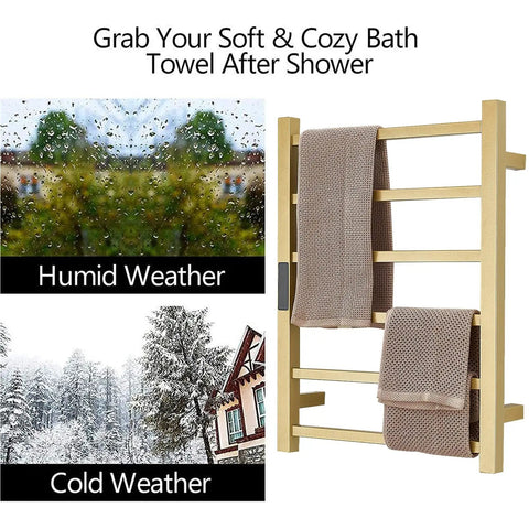 Gold Six Bar Wall Mounted Towel Warmer Rack With Timer showing towels in humid and cold weather settings