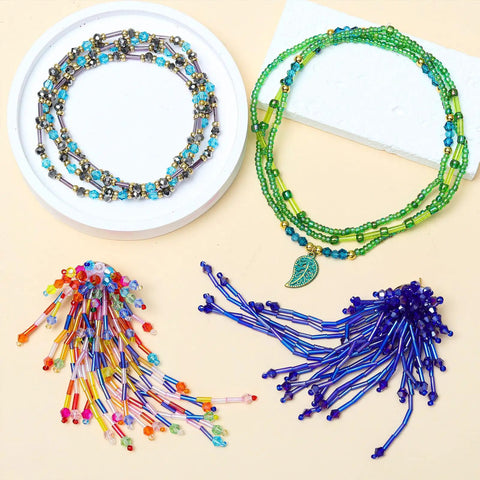 Colorful beaded necklaces and bracelets with glass bugle beads bulk 4200 pcs 2x6mm champagne pink long tube seed beads on display
