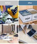 Before and after of messy clothes transformed by 4 Piece Closet Organizers Set For Clothes Storage Drawer Dividers For Underwear Bras Socks And More Large Nylon Mesh Foldable Wardrobe Organizers 15.7 Inch Deep 9.8 Inch Wide 7.9 Inch High