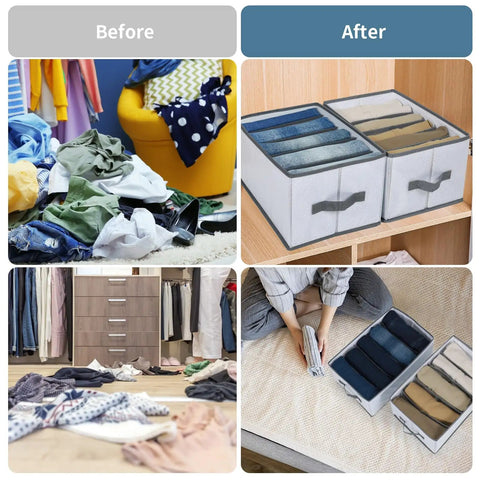 Before and after of messy clothes transformed by 4 Piece Closet Organizers Set For Clothes Storage Drawer Dividers For Underwear Bras Socks And More Large Nylon Mesh Foldable Wardrobe Organizers 15.7 Inch Deep 9.8 Inch Wide 7.9 Inch High
