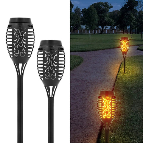 Front and installed view of 4 Pack Solar Tiki Torch Lights With Flickering Flame IP65 Waterproof Outdoor Solar Powered Pathway Garden