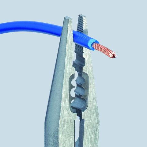 Six And A Quarter Inch Electricians Four In One Pliers gripping blue wire with exposed ends for stripping