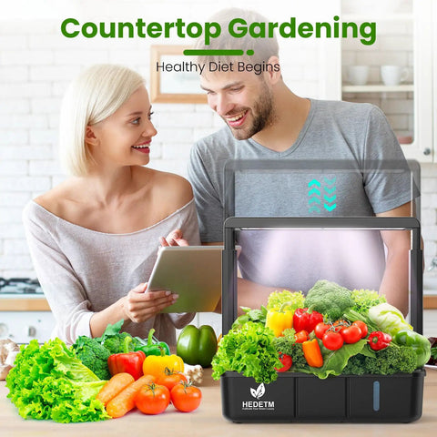 Couple using Indoor Hydroponics Garden System With 15 Pod Grow Kit For Herbs And Veggies, LED Grow Light on countertop