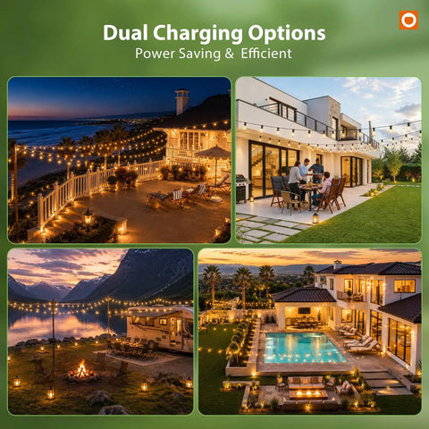 Outdoor scenes illuminated by 198 Feet Of Solar String Lights Outdoor Waterproof With Remote Dimmable And Timer Shatterproof Hanging Lights