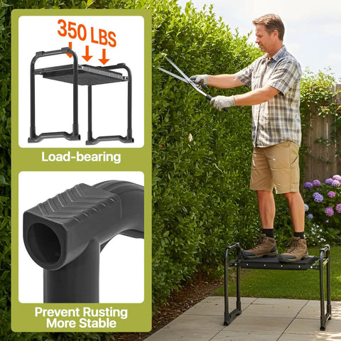Heavy Duty Garden Kneeler And Seat With Extra Wide 10.2 Inch Kneeling Pad And 1.6 Inch Foam Cushion, Foldable Garden Stool With Two Tool Pouches, Built For Women Moms Seniors All Day Comfort used as a stool by a man trimming hedges.