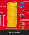 20 Piece Air Compressor Accessory Kit With Recoil Hose, Tire Inflator, Blow Gun, Brass Quick Connect Fittings And More displayed