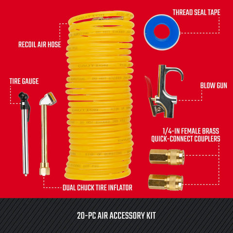 20 Piece Air Compressor Accessory Kit With Recoil Hose, Tire Inflator, Blow Gun, Brass Quick Connect Fittings And More displayed