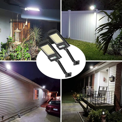 2 Pack Your Go To Solar Motion Sensor Flood Lights 1000 Lumens 168 LEDs illuminating outdoor areas at night