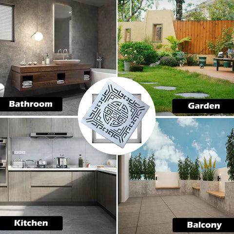 Heavy Duty Square Outdoor Drain Grate With Frame Brushed 304 Stainless Steel Catch Basin Cover in various settings.