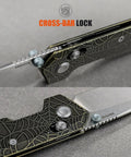 Ultra Thin EDC Knife With 2.9 Inch S35VN Blade And Titanium Handle, Precision Ground Tanto, close-up showing cross-bar lock detail
