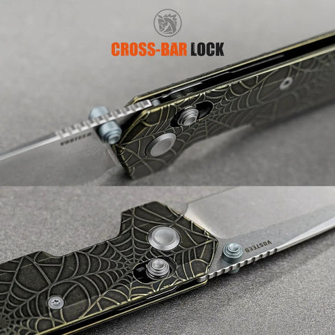 Ultra Thin EDC Knife With 2.9 Inch S35VN Blade And Titanium Handle, Precision Ground Tanto, close-up showing cross-bar lock detail
