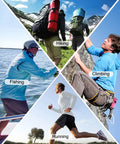 Collage of activities: hiking, climbing, fishing, running, men wearing UPF 50+ Long Sleeve Fishing Shirt For Men With Lightweight Sun Protection