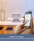 Smart Recessed 5 To 6 Inch LED Downlights With WiFi, Dimmable Color Changing, 1000 Lumens, being controlled via smartphone app in kitchen