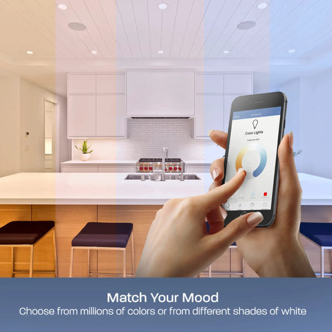 Smart Recessed 5 To 6 Inch LED Downlights With WiFi, Dimmable Color Changing, 1000 Lumens, being controlled via smartphone app in kitchen