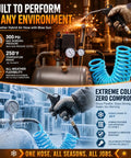 Heavy Duty 1/4 Inch X 25 Foot Blue Coiled Air Hose Quick Connect Coupler Automatic Sweet Snap Action Zero Tangle Polyurethane Build in use with blow gun.