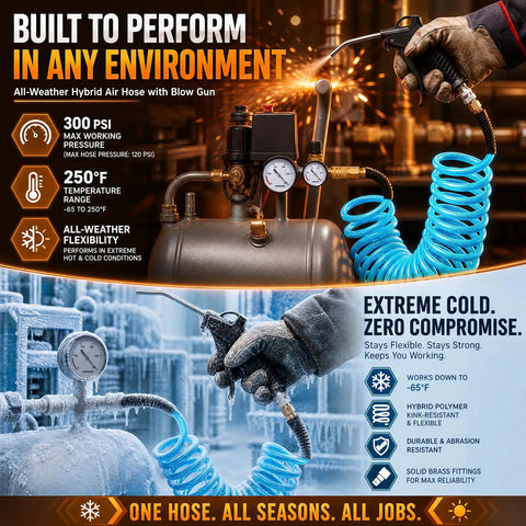 Heavy Duty 1/4 Inch X 25 Foot Blue Coiled Air Hose Quick Connect Coupler Automatic Sweet Snap Action Zero Tangle Polyurethane Build in use with blow gun.