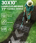 Man using Lawn Leveling Rake With 30 Inch Head And 78 Inch Adjustable Steel Handle For Soil Sand Dirt And Grass.
