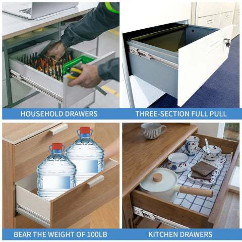 Collage of kitchen and household drawers using 12 Inch Drawer Slides 4 Pairs Soft Close Full Extension Ball Bearing Side Mount Rails