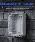 Premium 6 Pcs Weatherproof Electrical Box Enclosure Kit For Security Systems And Circuits on a brick wall with rain droplets.
