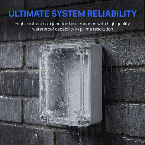 Heavy Duty Waterproof Enclosure Box 6 Pack For Outdoor Electronics With Clear Lid ABS Plastic Material shown under rain with clear view.