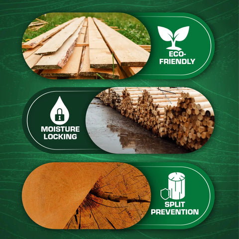 End Grain Sealer For Logs And Lumber That Prevents Up To Ninety Percent Of End Grain Checking On Drying Wood Decks Turning Blanks And Bowls Pro Grade Green Wood Sealer Gallon To Protect Your Wood Investment showing eco-friendly, moisture locking, and split prevention features in images of wood stacks and cut logs