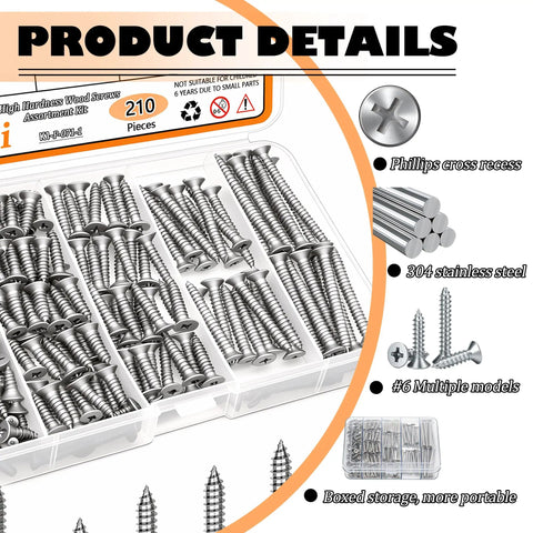 Heavy Duty 304 Stainless Steel Screws Assortment Kit With Flat Head Wood Screws For No Sweat Diy Repairs, 210 piece set.