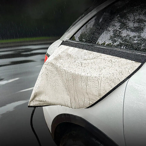 Beefy Magnetic EV Charger Port Cover For Hyundai Ioniq 5 And Ioniq 6, beige rubber shield in rain protecting EV charger port.