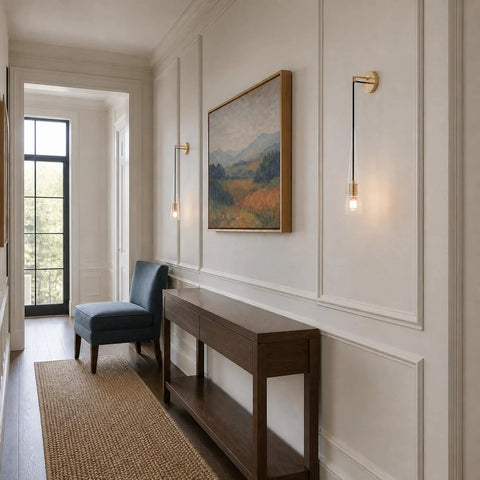 XYDikssn Crystal Wall Sconces, Brushed Gold Brass Wall Lights with Clear Crystal Glass above a console table in a hallway.