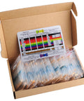 Open box displaying the Resistor Kit 1460 Pieces With 73 Values Of 20 Each, From 1 Ohm To 1 M Ohm, 0.25W 1% Metal Film, includes value card
