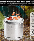 Heavy Duty 19.5 Inch Fire Pit Lid For Bonfire Smokeless Firepit Fits Solo Stove Bonfire 1.0 And 2.0 Stainless Steel Weatherproof Cover shown protecting from rain and leaves