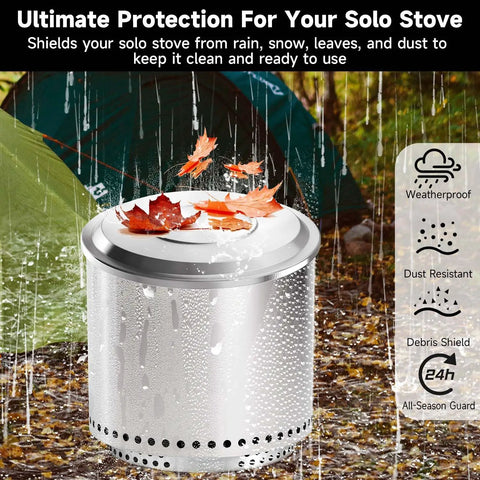 Heavy Duty 19.5 Inch Fire Pit Lid For Bonfire Smokeless Firepit Fits Solo Stove Bonfire 1.0 And 2.0 Stainless Steel Weatherproof Cover shown protecting from rain and leaves