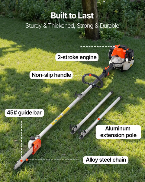 Gas Pole Saw With 43cc Two-Stroke Engine, 10 Inch Bar, 11.7 Ft Reach, 12,000 RPM, 1.75 HP Power, on grass with extension poles