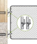 304 Stainless Steel Heavy Duty Gate Hinges 4 Pack, shown on chain link gate, wood, and concrete surfaces