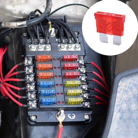 100 Pack 10 Amp Atc Ato Standard Fuse Blades For Cars Trucks Boats Rvs With Tin Plated Zinc Terminals Offering Legit Heavy Duty No Sweat Short Circuit Protection installed in a fuse box.