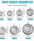 Seven sizes of flat disc fishing sinkers for saltwater surf fishing and bottom drifting, shown with measurements from 1oz to 8oz.