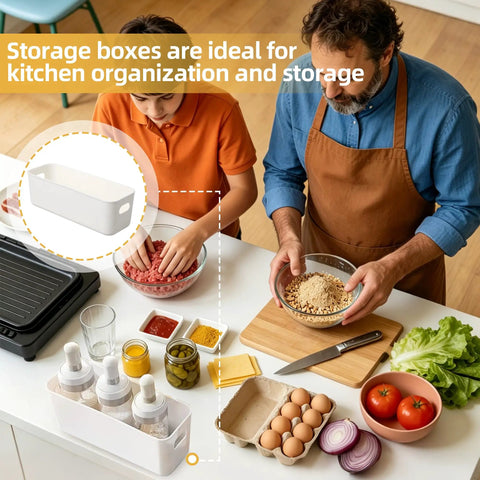 Keepin' Your Drawer Game Strong With These 20 White Plastic Narrow Storage Bins, Multi Purpose Compact Containers That Keep The Entire Household Organized in a kitchen.