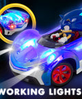 Sonic Glow Racer RC Car with light-up body, LED headlights, and taillights in 1:24 scale, USB rechargeable, ready to run at night.