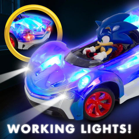 Sonic Glow Racer RC Car with light-up body, LED headlights, and taillights in 1:24 scale, USB rechargeable, ready to run at night.