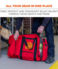 Firefighter placing gear in Arsenal 5005P Heavy Duty 1000D Polyester Firefighter Rescue Gear Bag With Shoulder Strap And Helmet Pocket