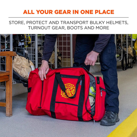 Firefighter placing gear in Arsenal 5005P Heavy Duty 1000D Polyester Firefighter Rescue Gear Bag With Shoulder Strap And Helmet Pocket