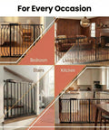 No Sweat Setup Extra Wide Baby Gate For Doorways And Stairs Adjustable Swing Walkthrough in bedroom, living room, stairs, and kitchen.